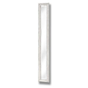 Antique white narrow wall mirror with delicate frame, perfect for hallways and small spaces, enhances light and expands rooms visually. by Sostter at brixbailey.com