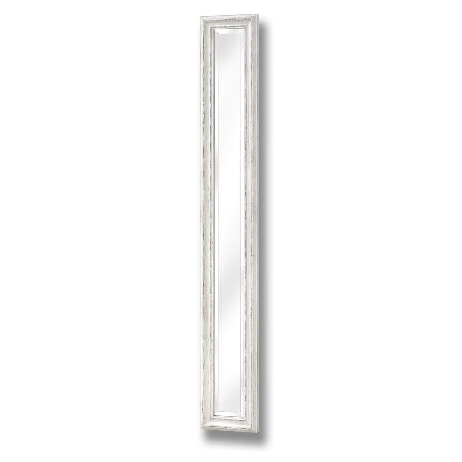 Antique white narrow wall mirror with delicate frame, perfect for hallways and small spaces, enhances light and expands rooms visually. by Sostter at brixbailey.com