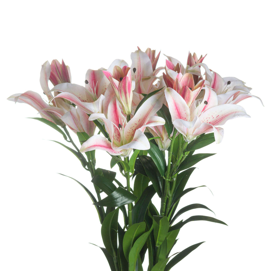 Handcrafted white and pink silk Stargazer lily stem, hyper-realistic artificial flower for home decor by Sostter at brixbailey.com