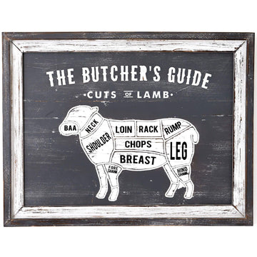 White wooden lamb butcher shop wall plaque with rustic charm for kitchen decor by Sostter at brixbailey.com