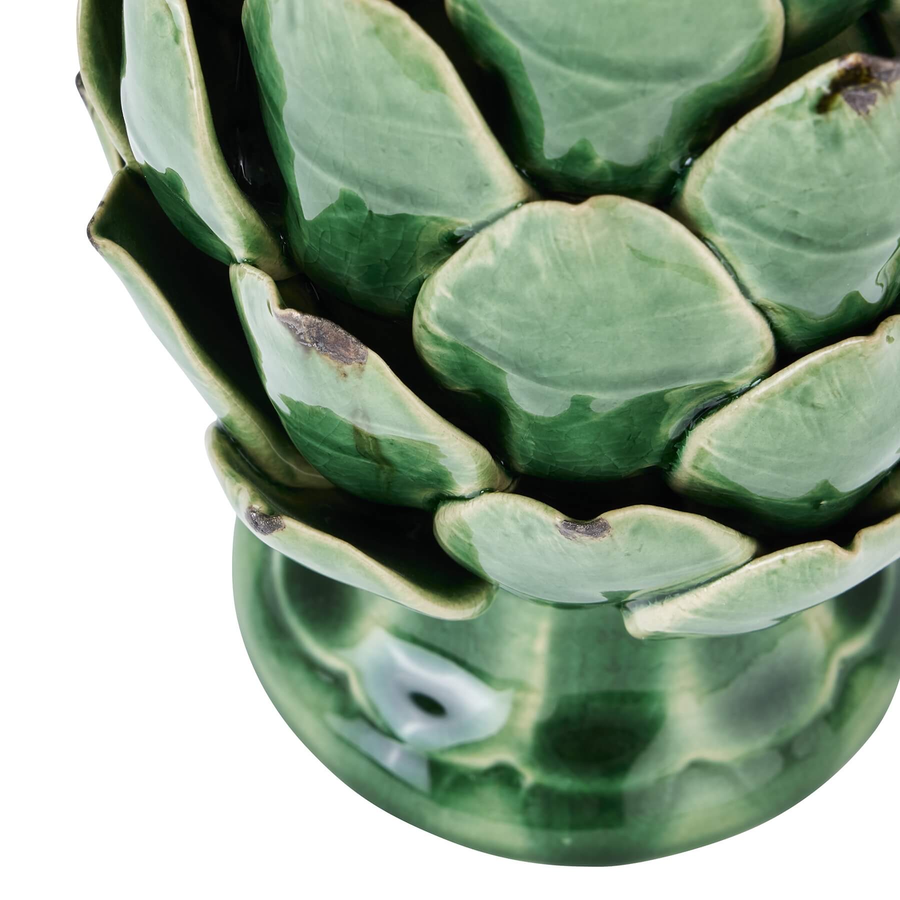 Handcrafted ceramic artichoke ornament in Mediterranean green with distressed detailing and lifelike sculpted leaves. by Sostter at brixbailey.com