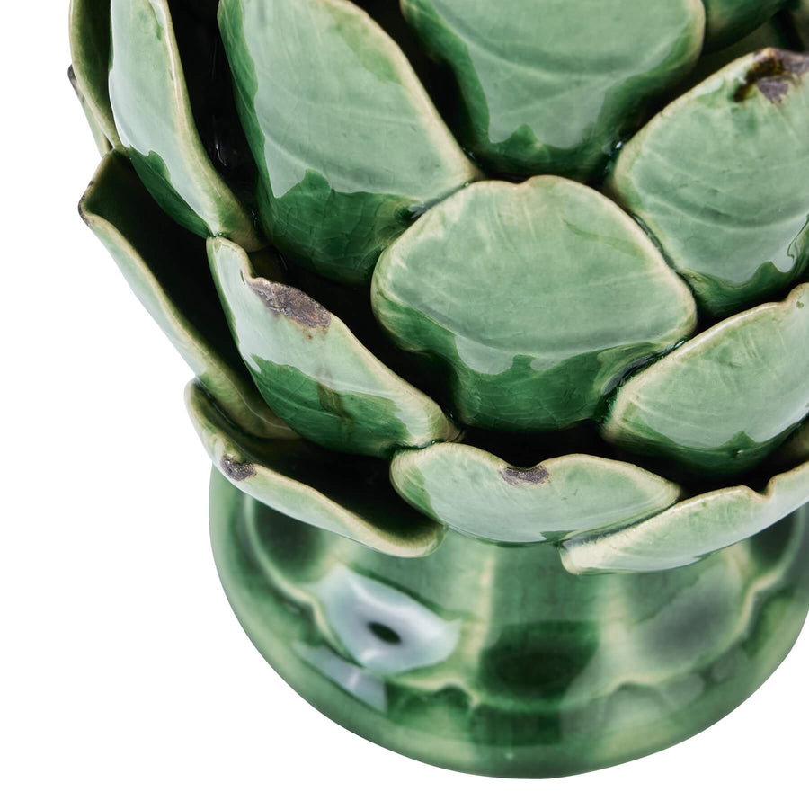Handcrafted ceramic artichoke ornament in Mediterranean green with distressed detailing and lifelike sculpted leaves. by Sostter at brixbailey.com