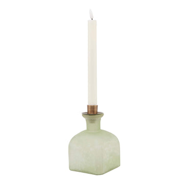 Smoked sage glass candle holder vase with aged brass accents, 15cm tall, modern rustic home decor by Sostter at brixbailey.com