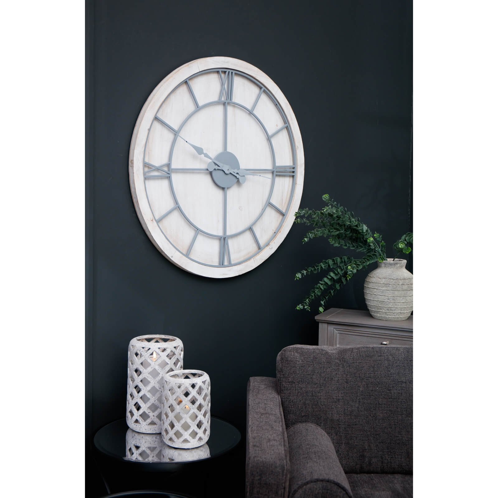 Large white wall clock with roman numerals, metal frame, and wood surround for modern or traditional decor. by Sostter at brixbailey.com