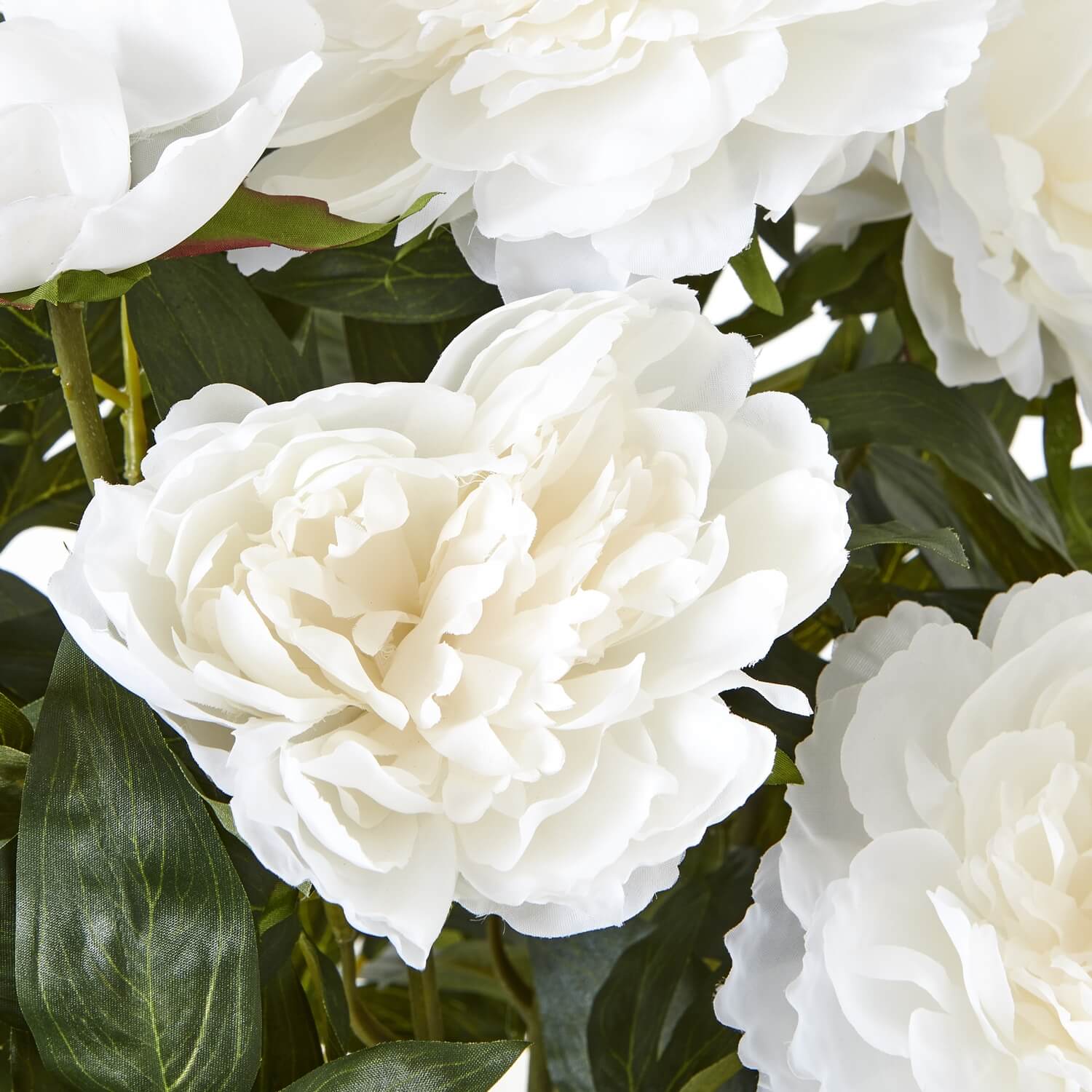 Large white faux peony plant with realistic petals and green stems, perfect for farmhouse or modern decor by Sostter at brixbailey.com
