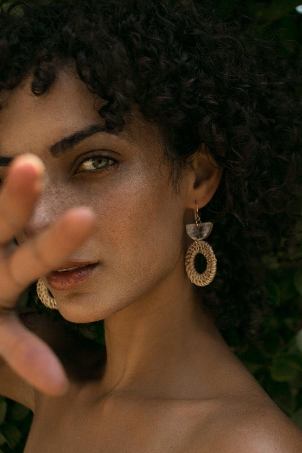Buffalo Horn and Rattan Crescent Earrings in 16K Gold Plated Brass