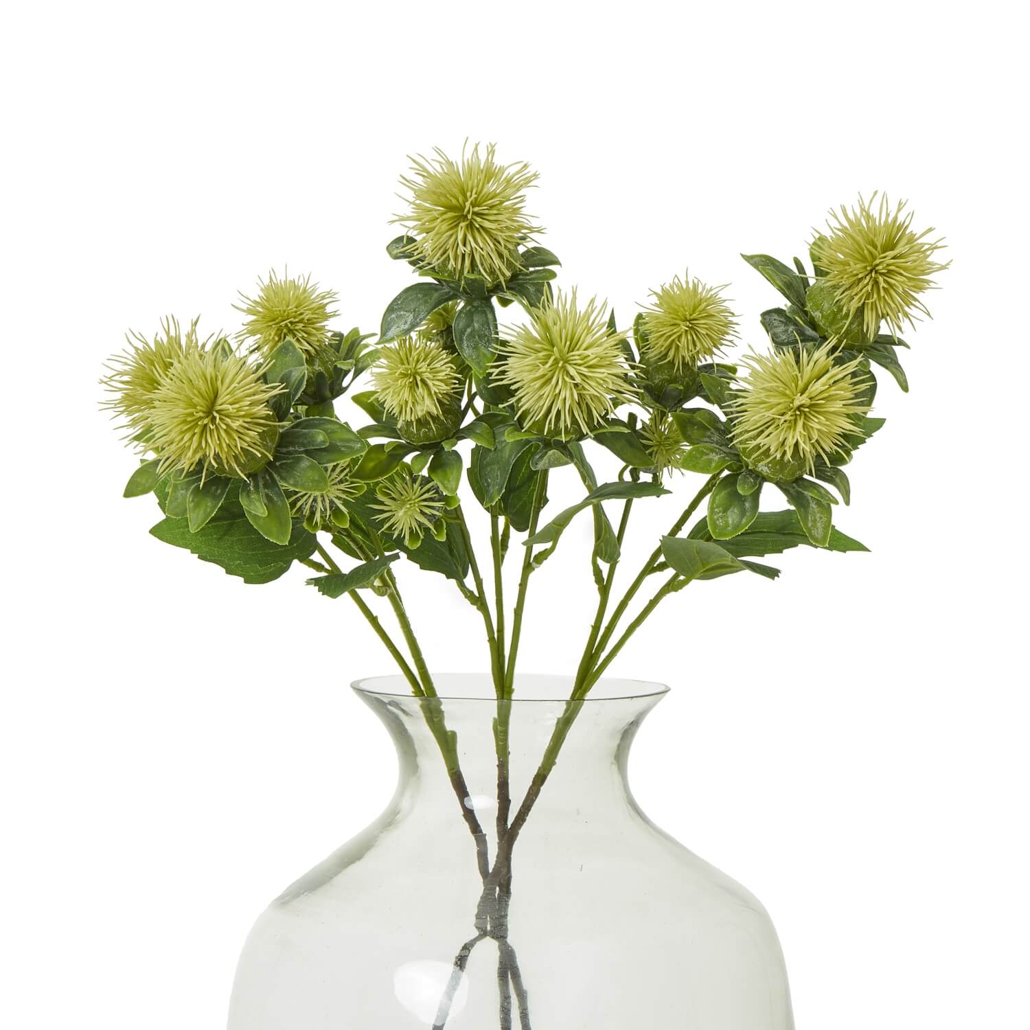 Vibrant yellow safflower spray with green foliage, lifelike plastic floral arrangement for home decor by Sostter at brixbailey.com