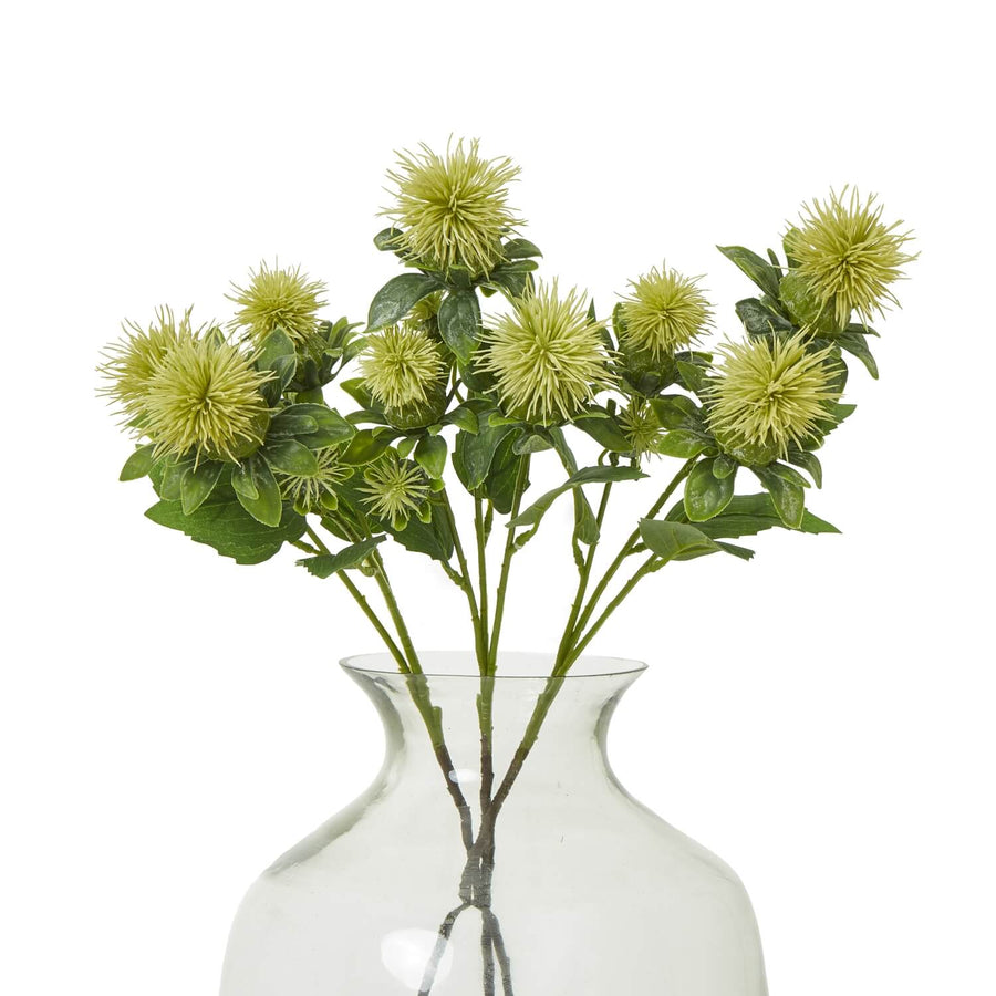 Vibrant yellow safflower spray with green foliage, lifelike plastic floral arrangement for home decor by Sostter at brixbailey.com