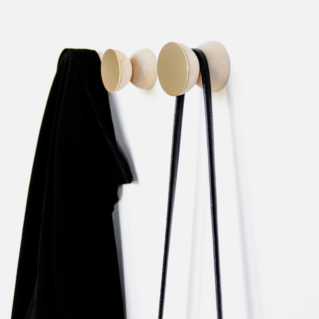 bold geometric beech wood and brass wall hook with a confident, modern silhouette