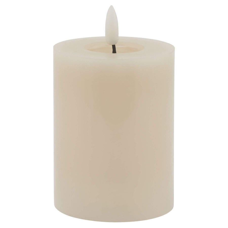 Taupe LED wax candle with realistic melt effect, flickering glow, and minimalist design for flameless ambiance by Sostter at brixbailey.com