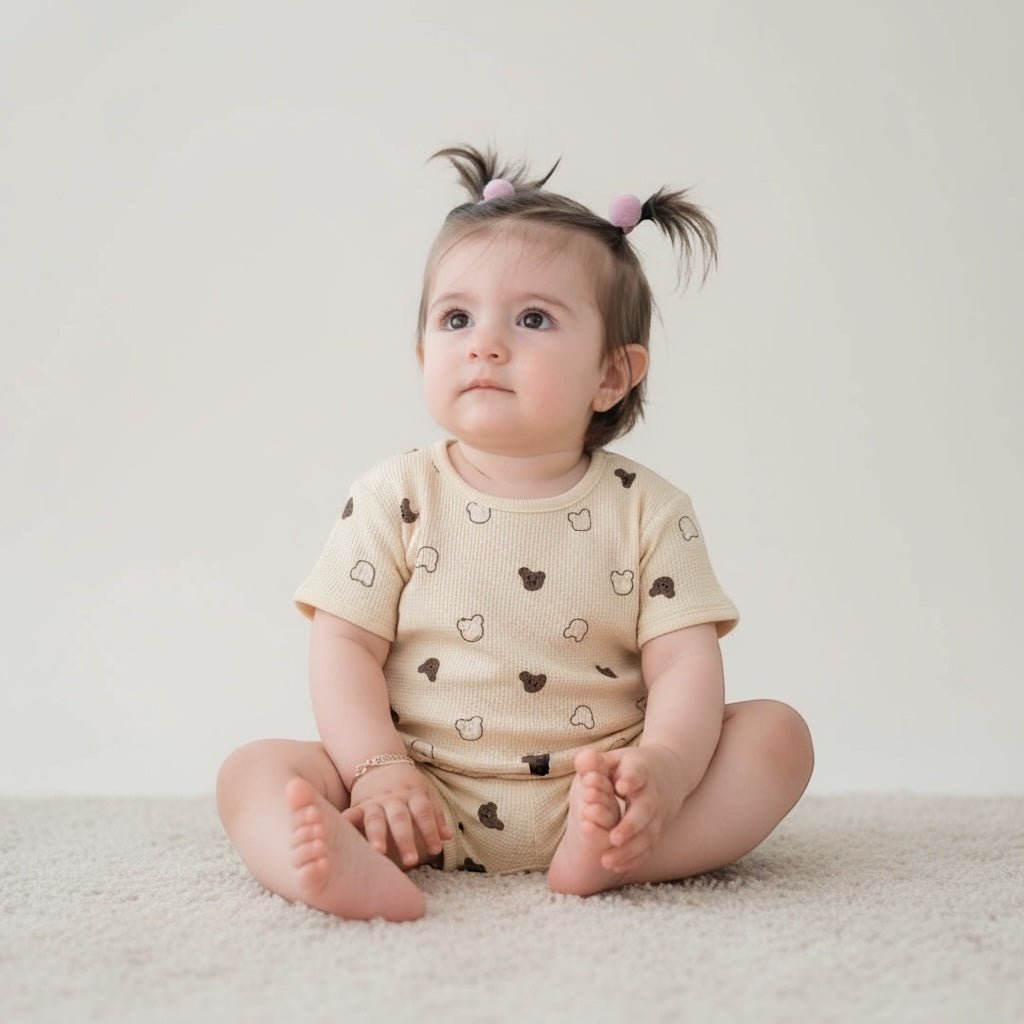 Beige Waffle Teddy Print Top and Shorts Set