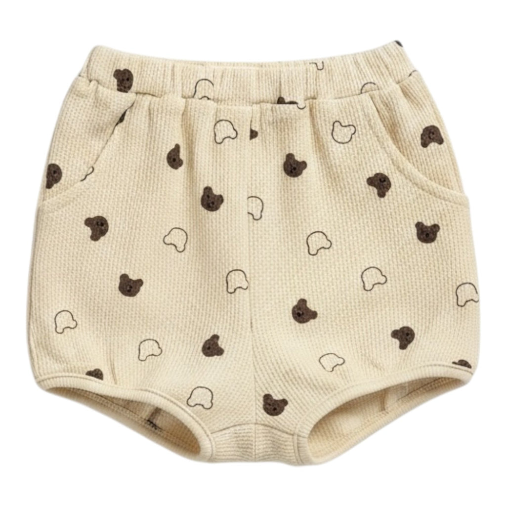 Beige Waffle Teddy Print Top and Shorts Set