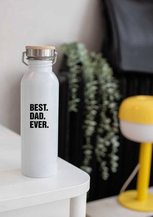 a bold close-up of the best dad ever thermos with its matte steel and bamboo lid