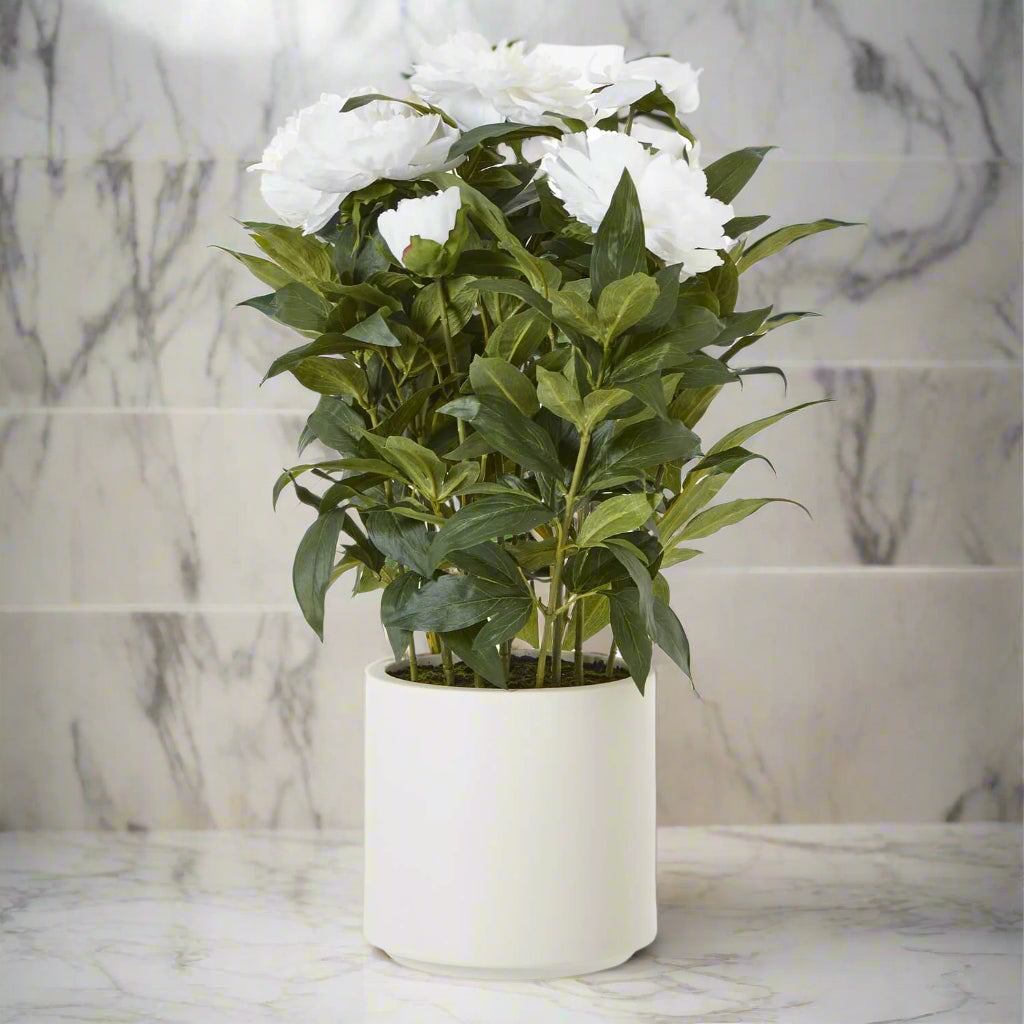 Large white faux peony plant with realistic green stems, perfect for farmhouse or modern decor  by Sostter at brixbailey.com