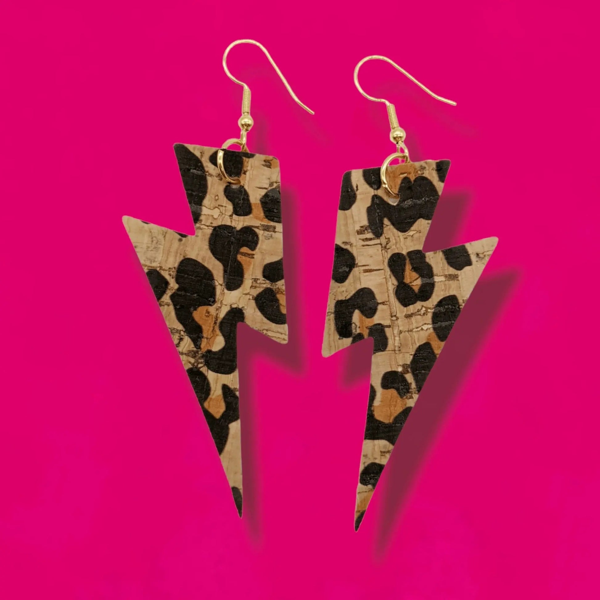 Big Leopard Print Cork Lightning Bolt Earrings