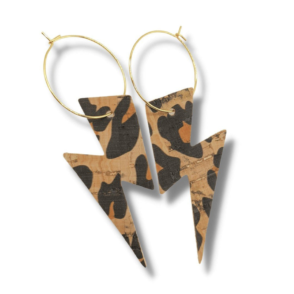 Big Leopard Print Cork Lightning Bolt Earrings