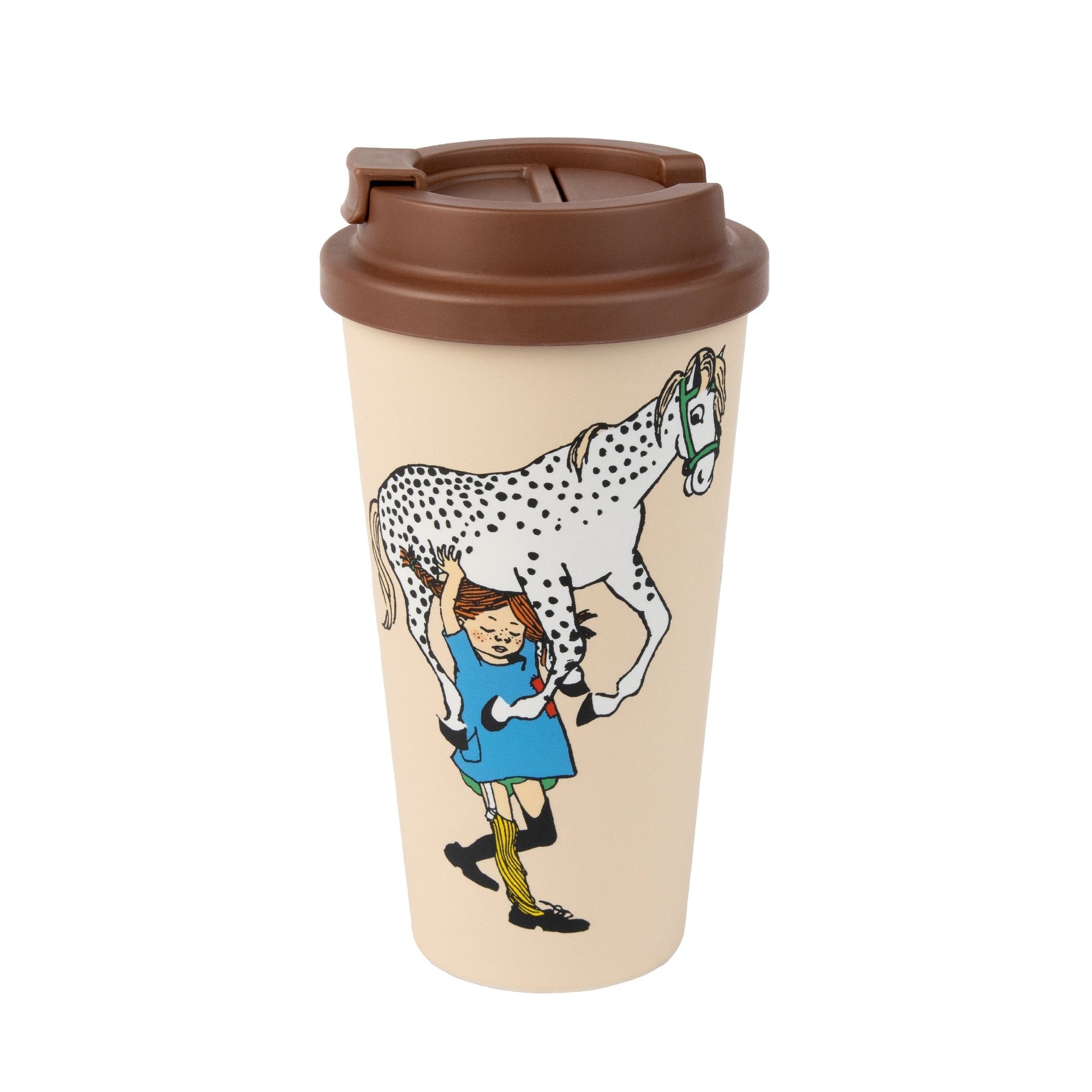 playful moomin character on a beige biodegradable mug with a textured silicone sleeve