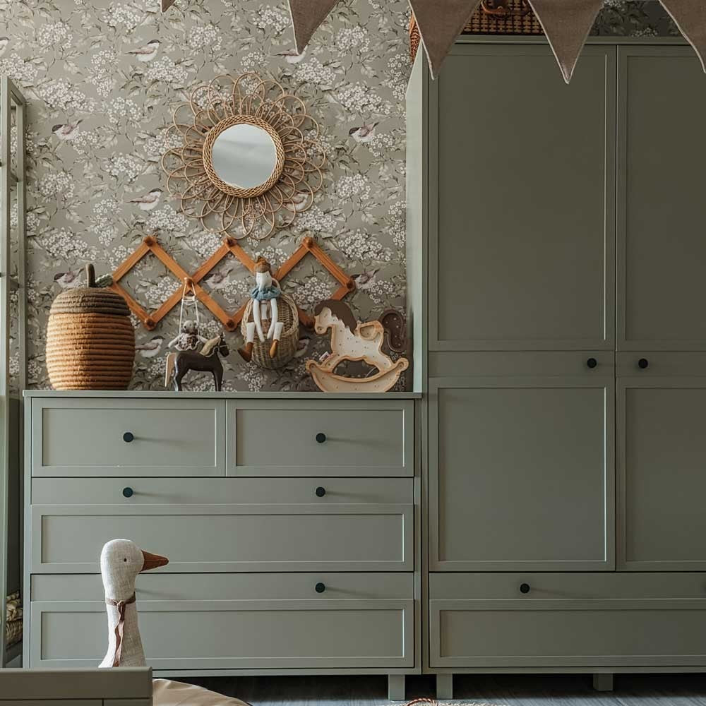 soft beige birds and blossoms wallpaper for a gentle nursery atmosphere