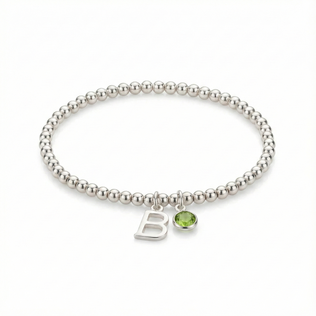 Personalised Initial and August Birthstone Stretch Bracelet