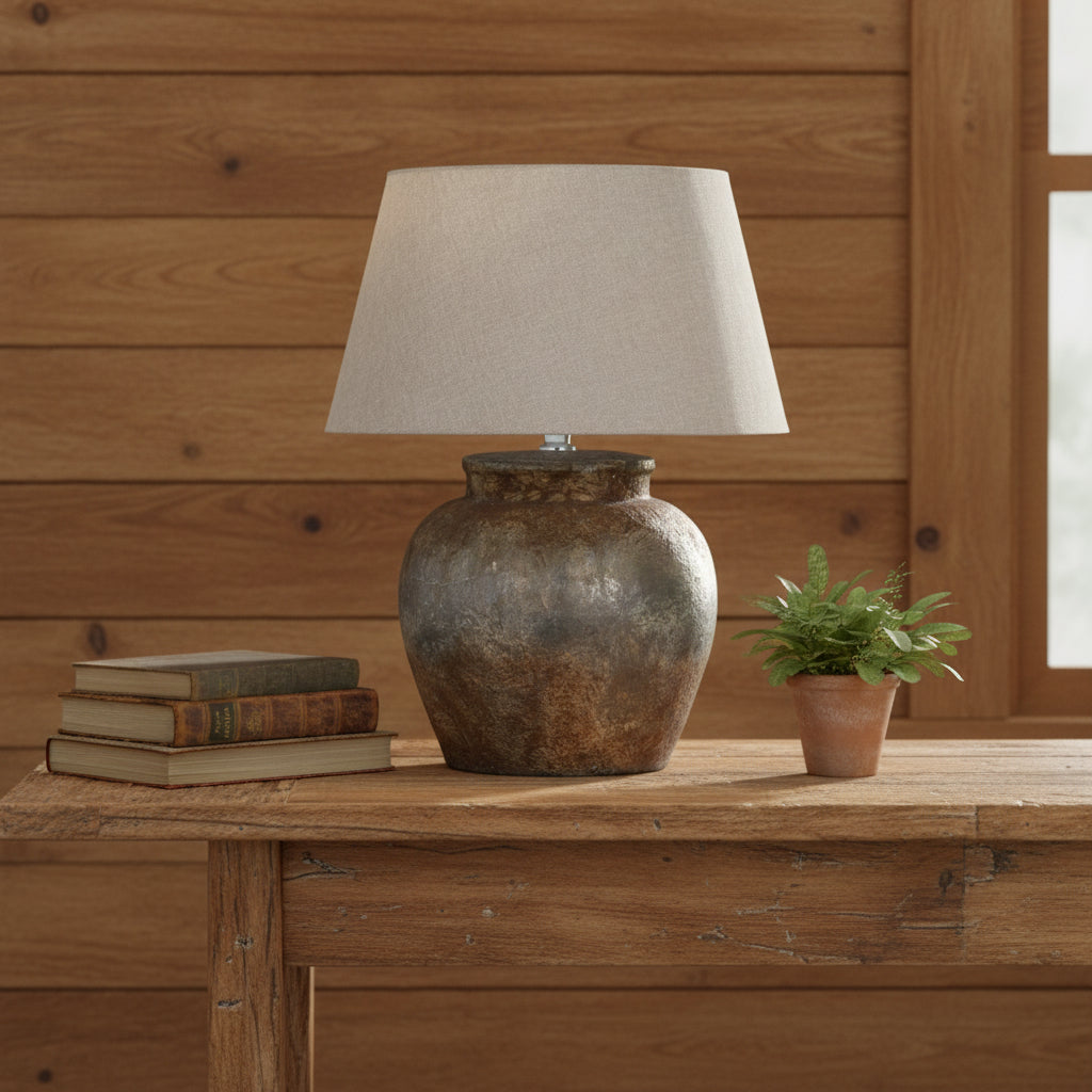 Table lamp with textured metal base and beige lampshade on a white background