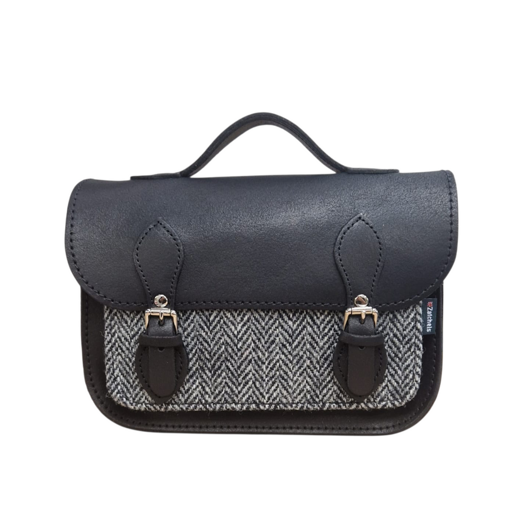 Midi Black and Tweed Leather Satchel Handmade