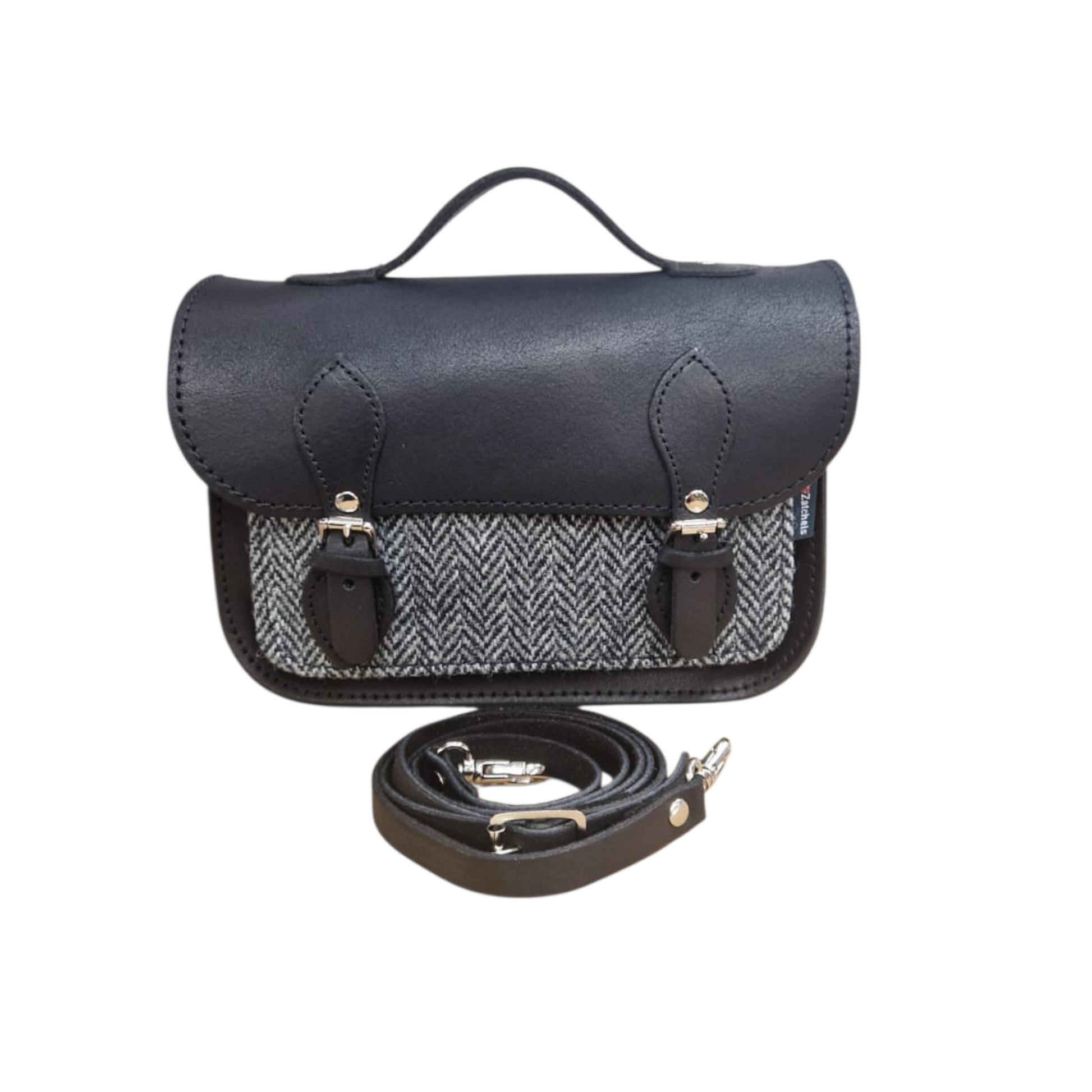 Midi Black and Tweed Leather Satchel Handmade