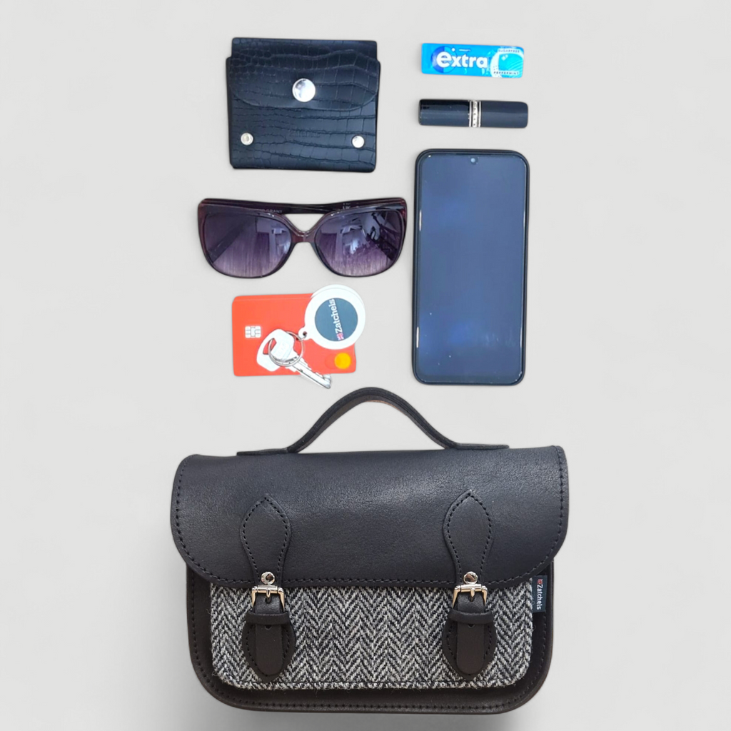 Midi Black and Tweed Leather Satchel Handmade