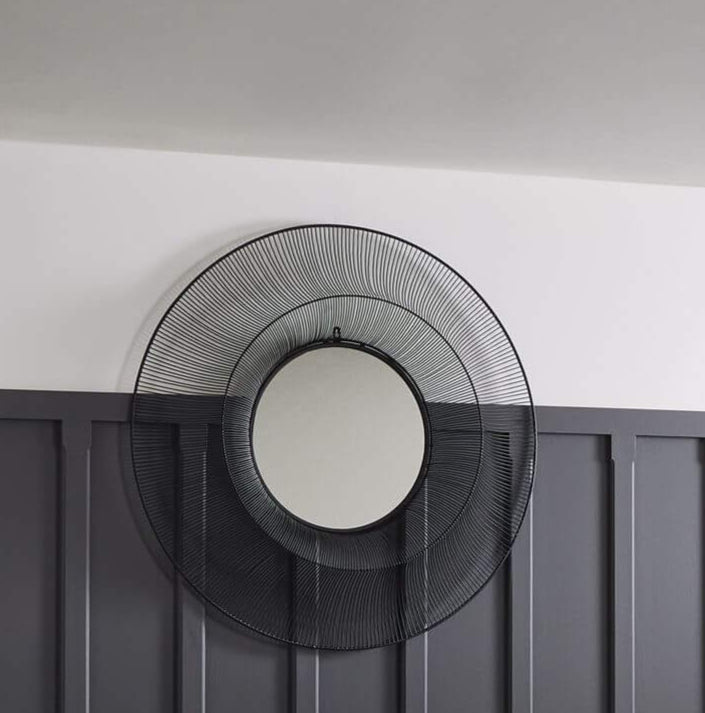 Chico Black Large Wire Mirror with geometric grid design and matte black metal frame, 120cm statement wall decor by Sostter at brixbailey.com