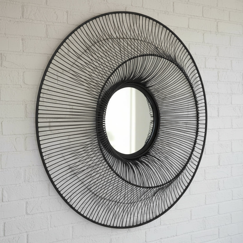 Black wire-framed mirror with industrial design, 61cm square, sleek matte finish for modern interiors. by sostter at brixbailey.com