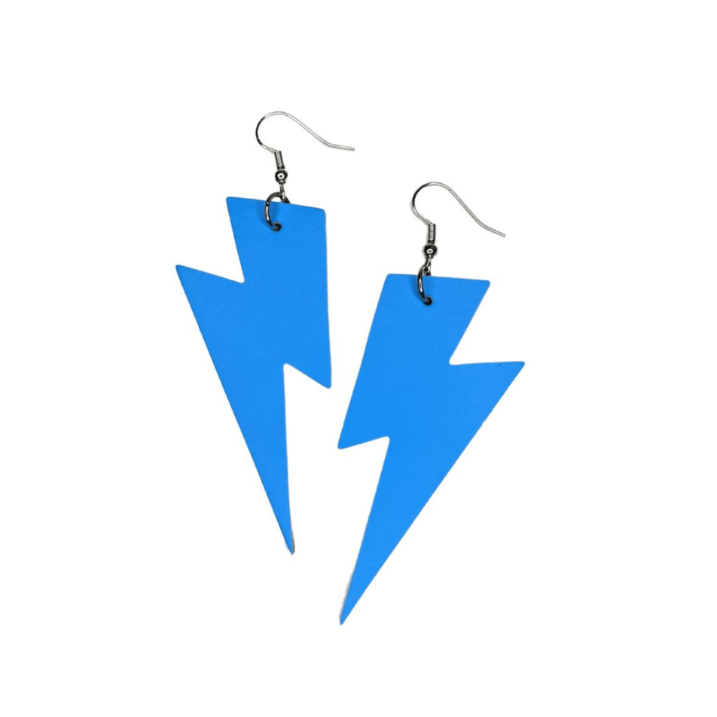 Blue neon cork lightning bolt earrings