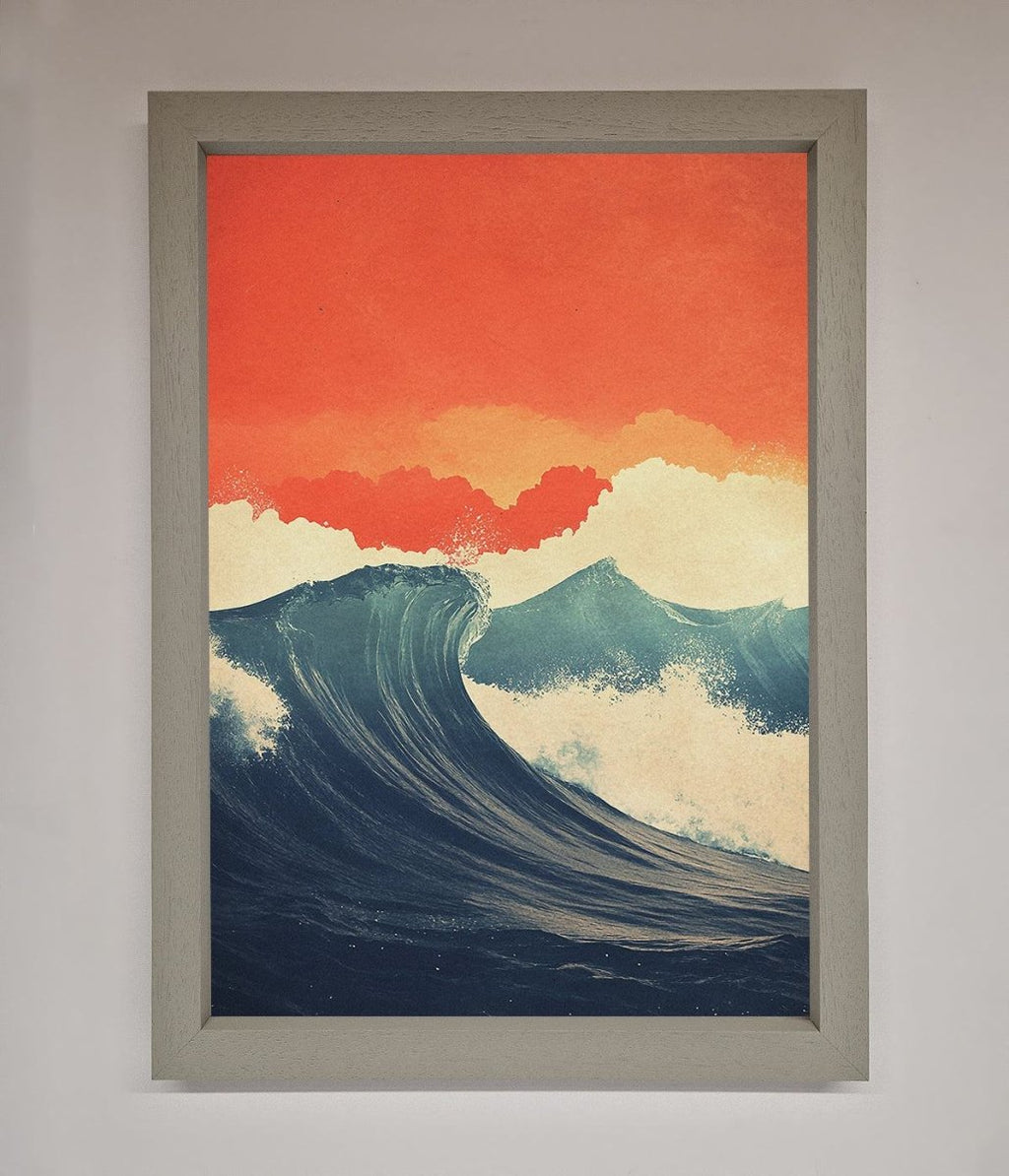 Blue Waves Crash Red Sunset Framed Poster