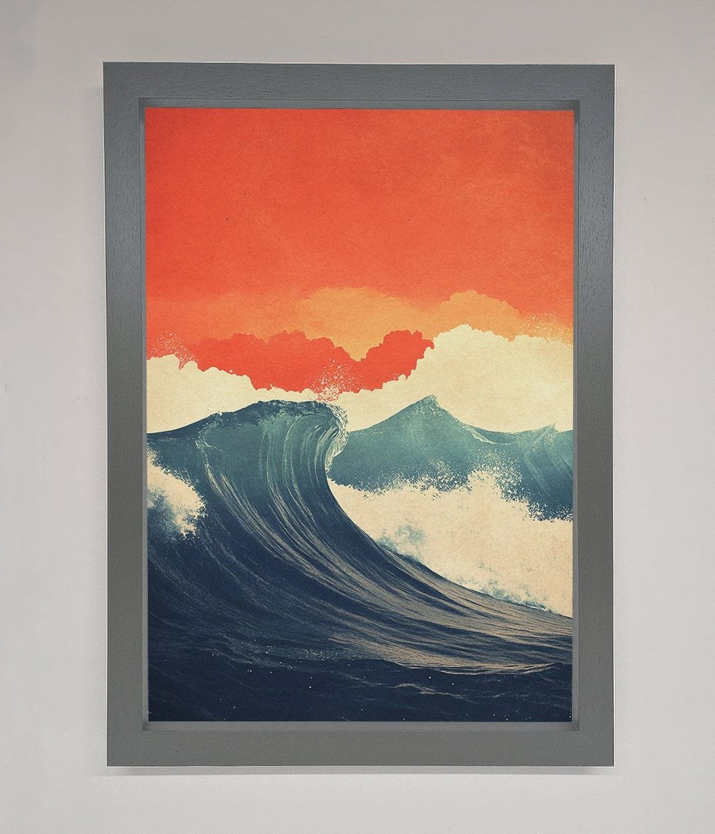Blue Waves Crash Red Sunset Framed Poster