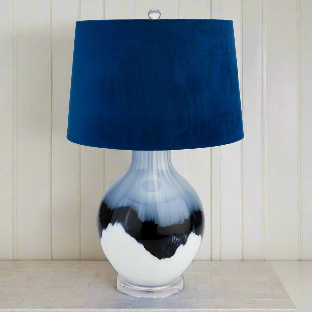 Handcrafted Ice Shadows table lamp with blue and white glaze, navy velvet shade, and ball finial - unique decorative lighting. by Sostter at brixbailey.com