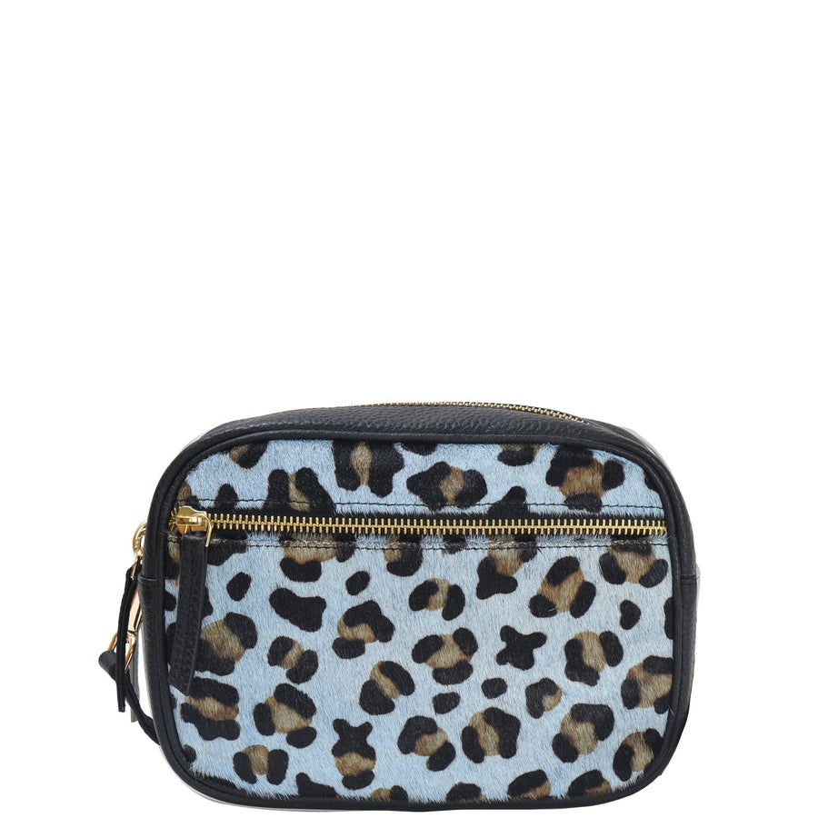 Blue Leopard Leather Crossbody Bag with Removable Strap