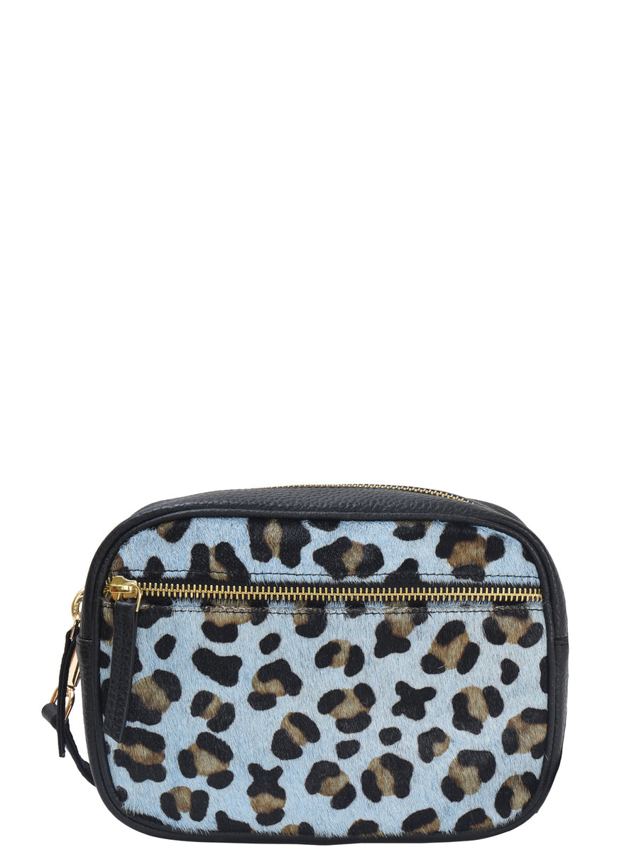 Blue Leopard Print Convertible Leather Cross Body Camera Bag