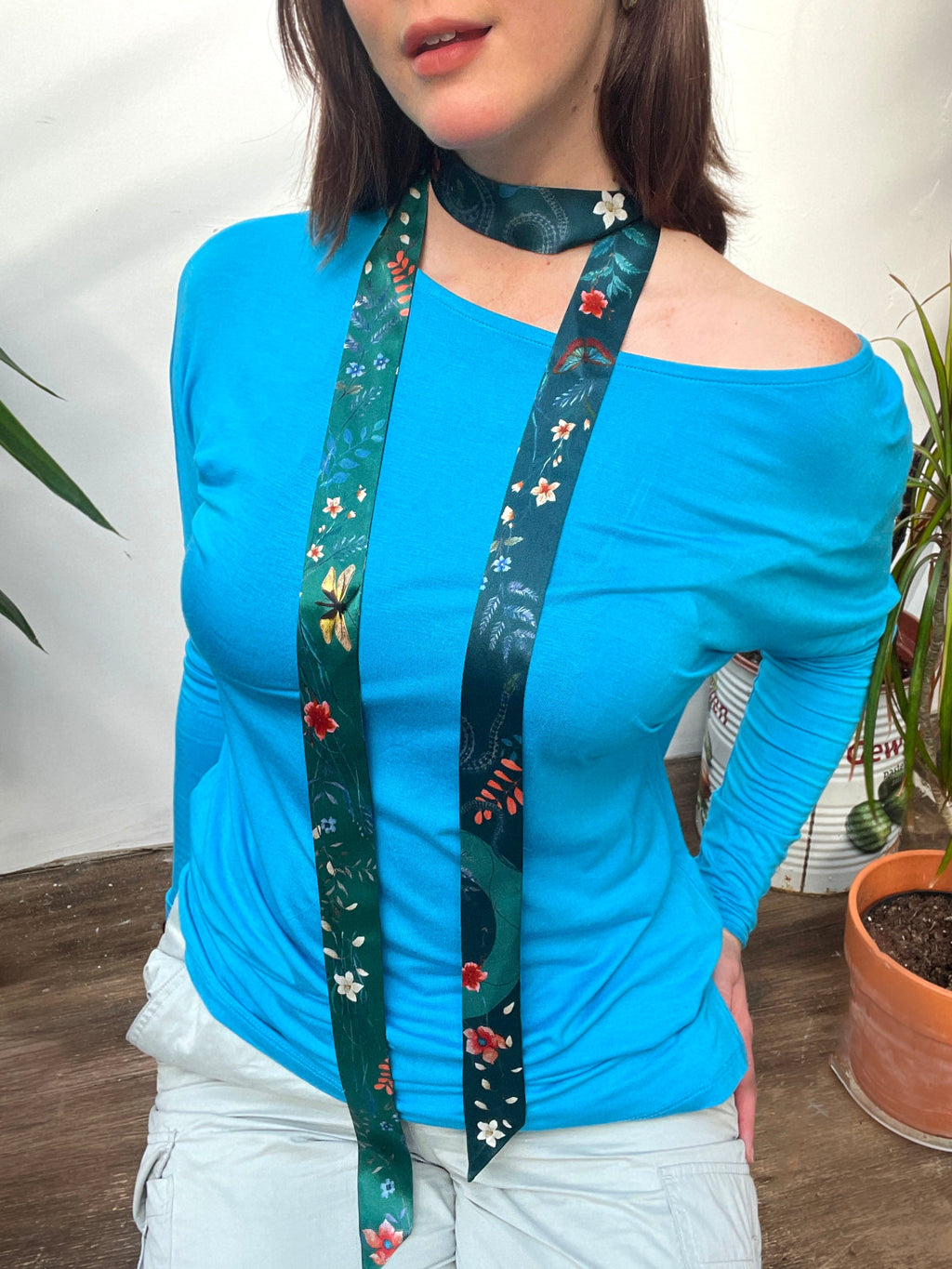 Teal Silk Satin Ultra Skinny Scarf with Morpho Butterfly and Floral Print