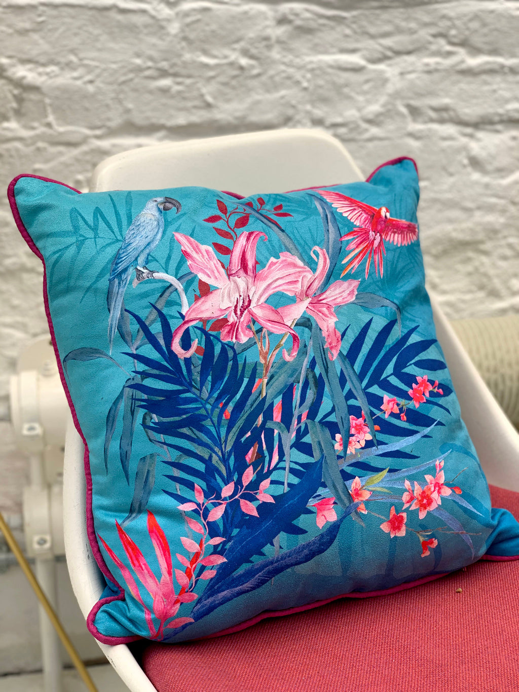 Turquoise Tropical Watercolour Cushion Jungala Double Sided Vegan Suede