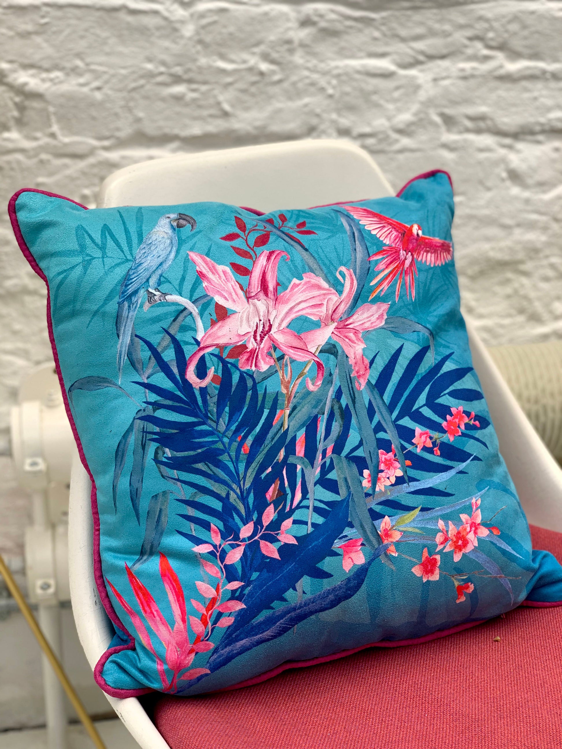 Turquoise Tropical Watercolour Cushion Jungala Double Sided Vegan Suede