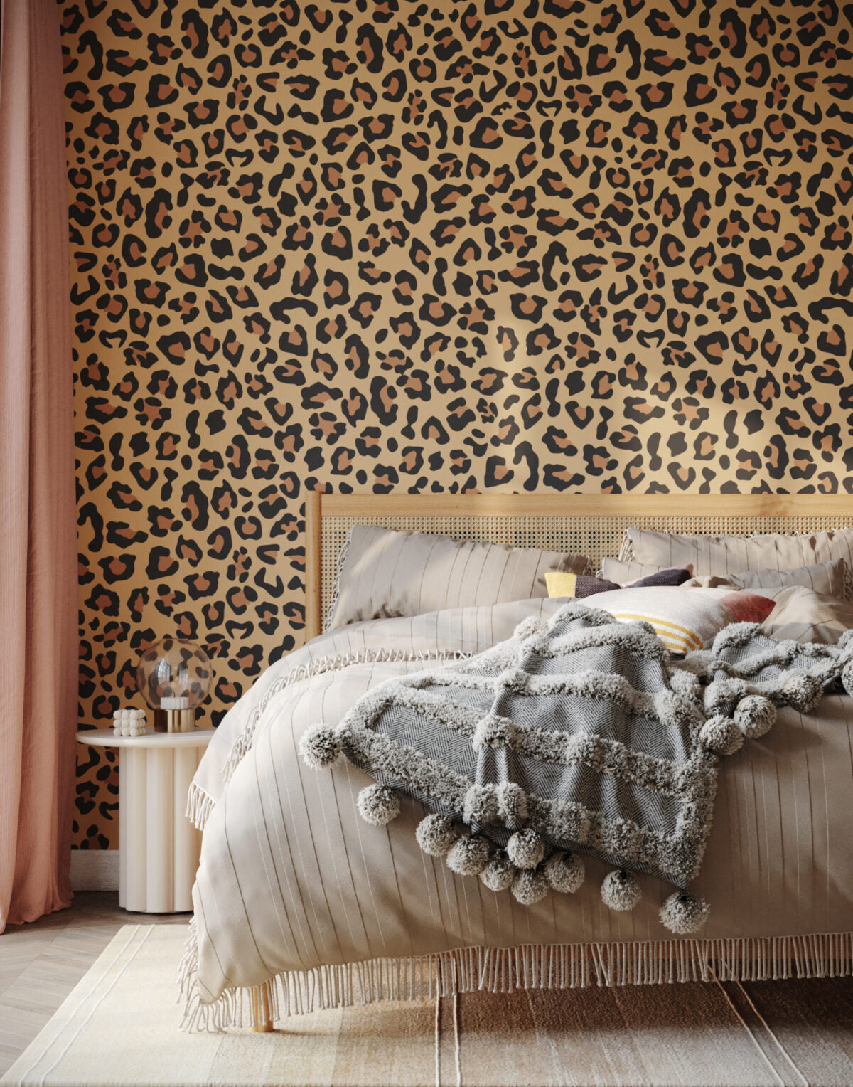 Bedroom with leopard print wallpaper and a textured blanket on the bed. by Bobbi Beck Wallpaper Brand at Sostter