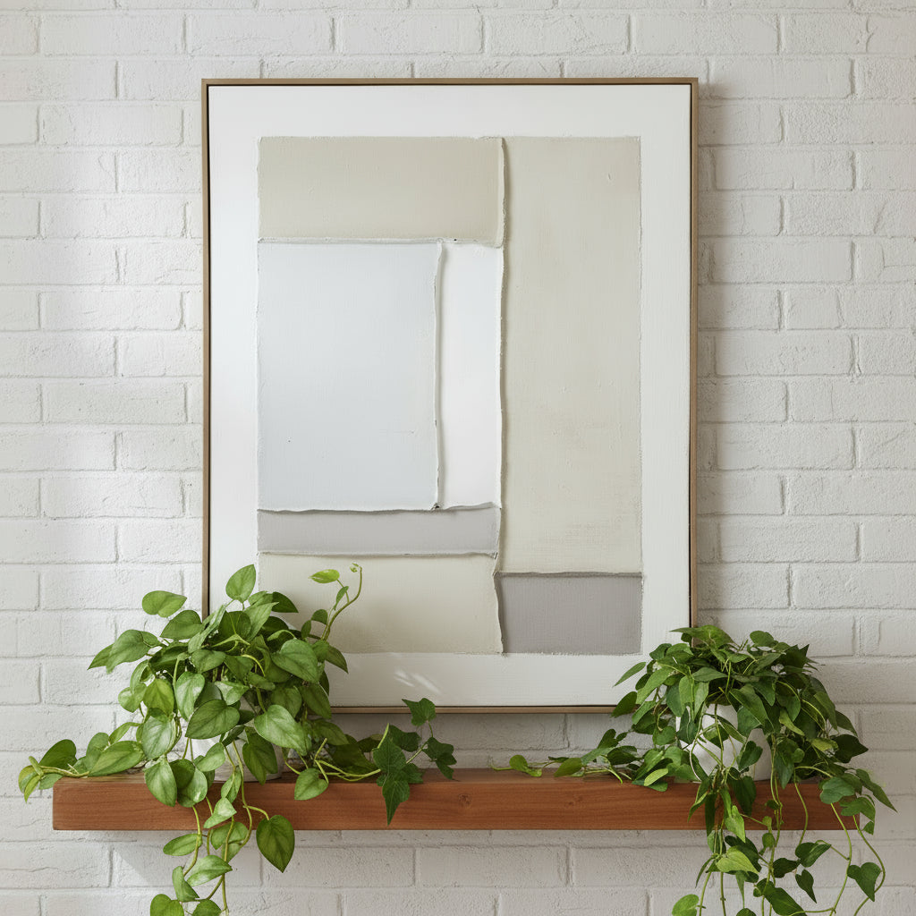 Abstract neutral-toned canvas art with geometric design in soft greys, whites, and beige, framed in sleek champagne wood by sostter at brixbailey.com