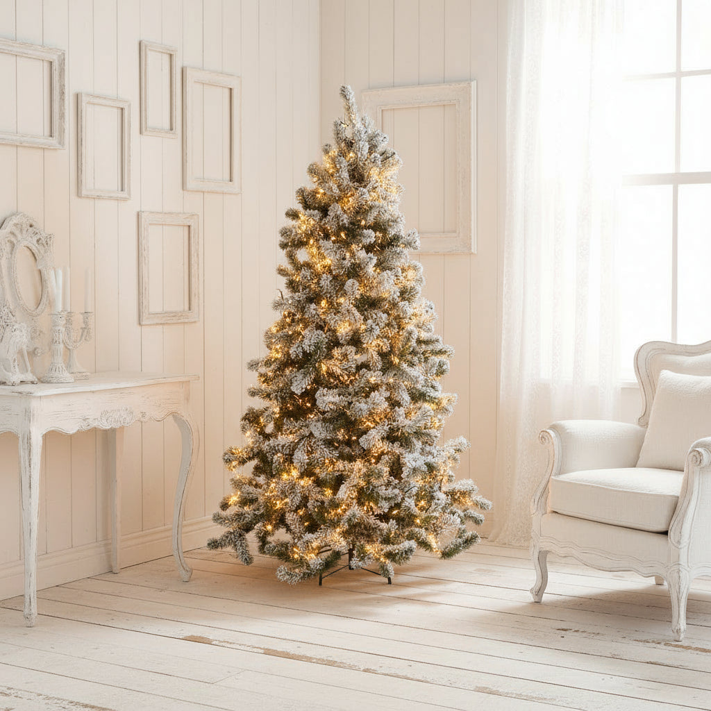 210cm snowy spruce artificial Christmas tree with lifelike snow-dusted branches for winter decor by Room London at brixbailey.com