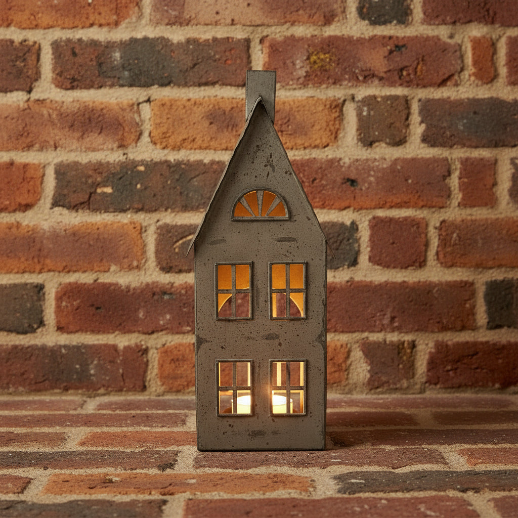 a bold, tall metal tealight house casting dramatic shadows from a low-angle shot brix and bailey