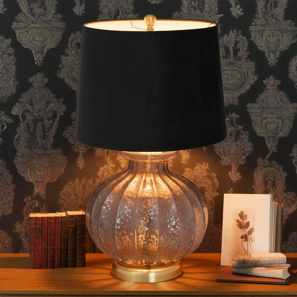 Luxton table lamp with hand-carved fluted glass base and black velvet shade, elegant modern lighting for home decor by RoomLondon at brixbailey.com