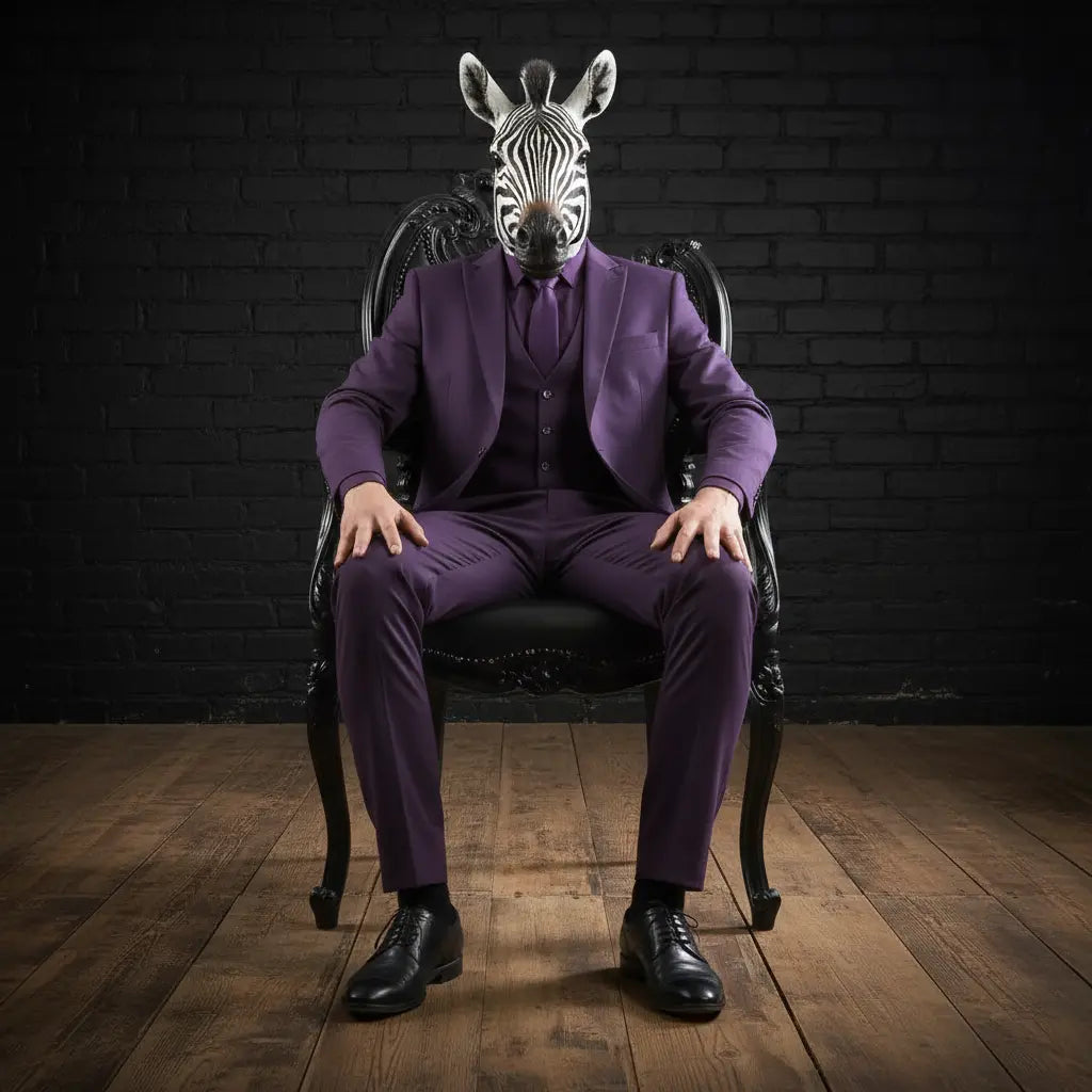 Person wearing a zebra head mask and purple suit sitting on a chair against a black brick wall. on sostter.com