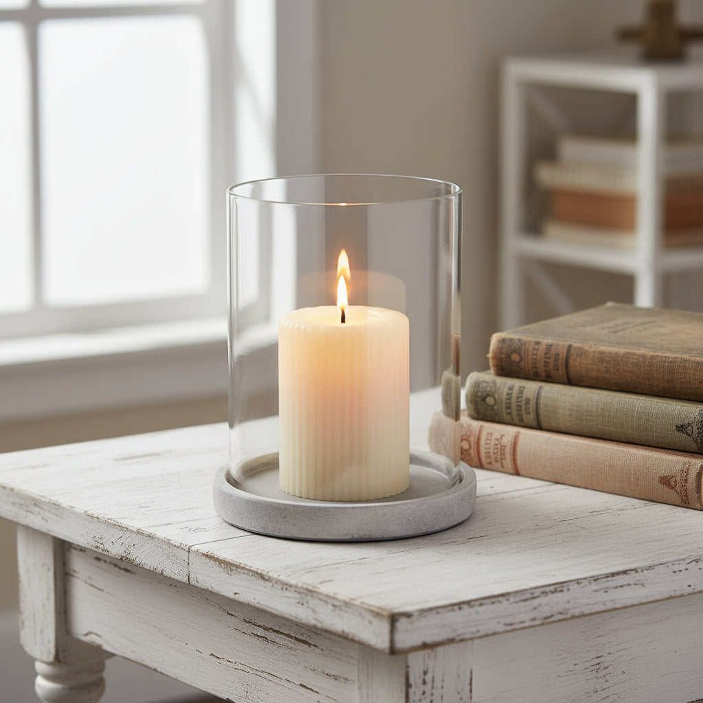 Handcrafted white ceramic hurricane lantern with stone-effect finish and weathered patina, 21cm tall by sostter at brixbailey.com