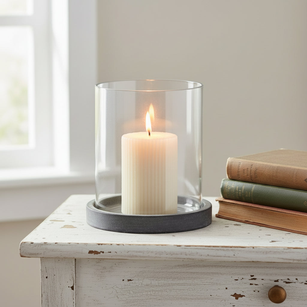 Grey ceramic hurricane lantern with glass panels, Mediterranean coastal style, casting ambient light patterns for indoor or outdoor decor. by sostter at brixbailey.com