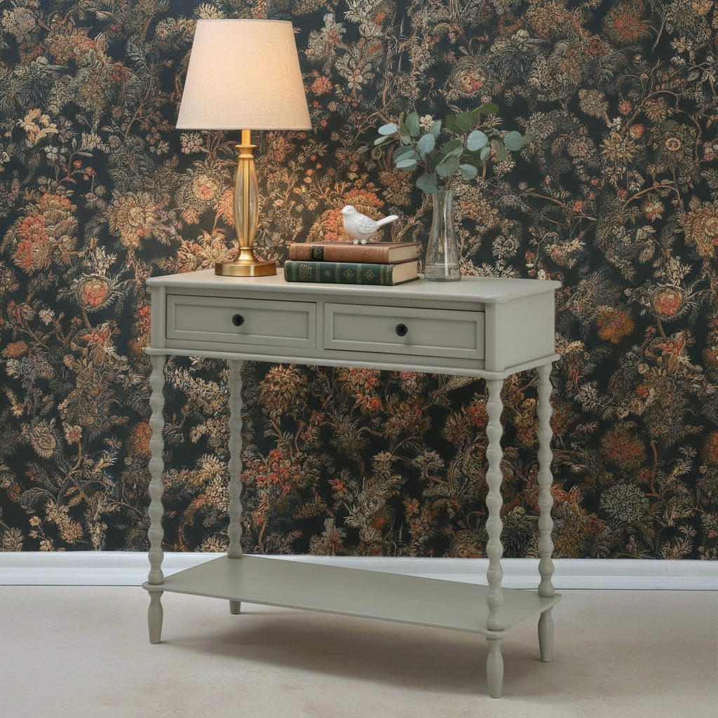 Camden two-drawer console in warm grey, solid wood construction with smooth-gliding drawers and visible grain by sostter at brixbailey.com