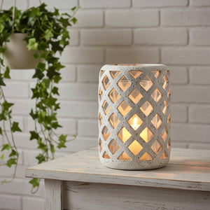 Matte grey stone-effect ceramic hurricane lantern with rustic texture and modern silhouette for home decor by sostter at brixbailey.com