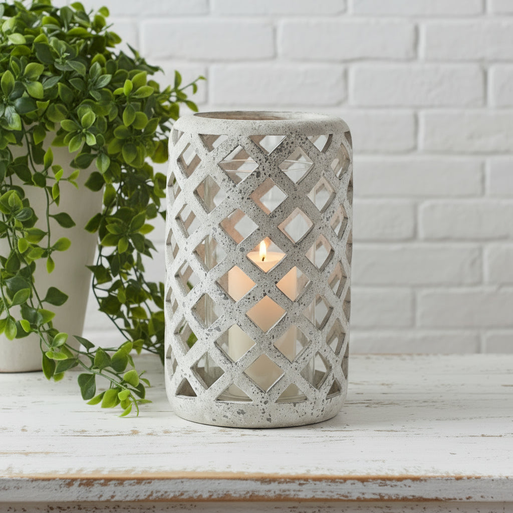 Weathered grey ceramic hurricane lantern with stone texture, 32cm tall, rustic Mediterranean home decor centerpiece by sostter at brixbailey.com