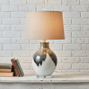 Grey Shadows table lamp with smoky ombre glass base and neutral linen shade, 67cm tall, contemporary lighting for home decor. by sostter at brixbailey.com